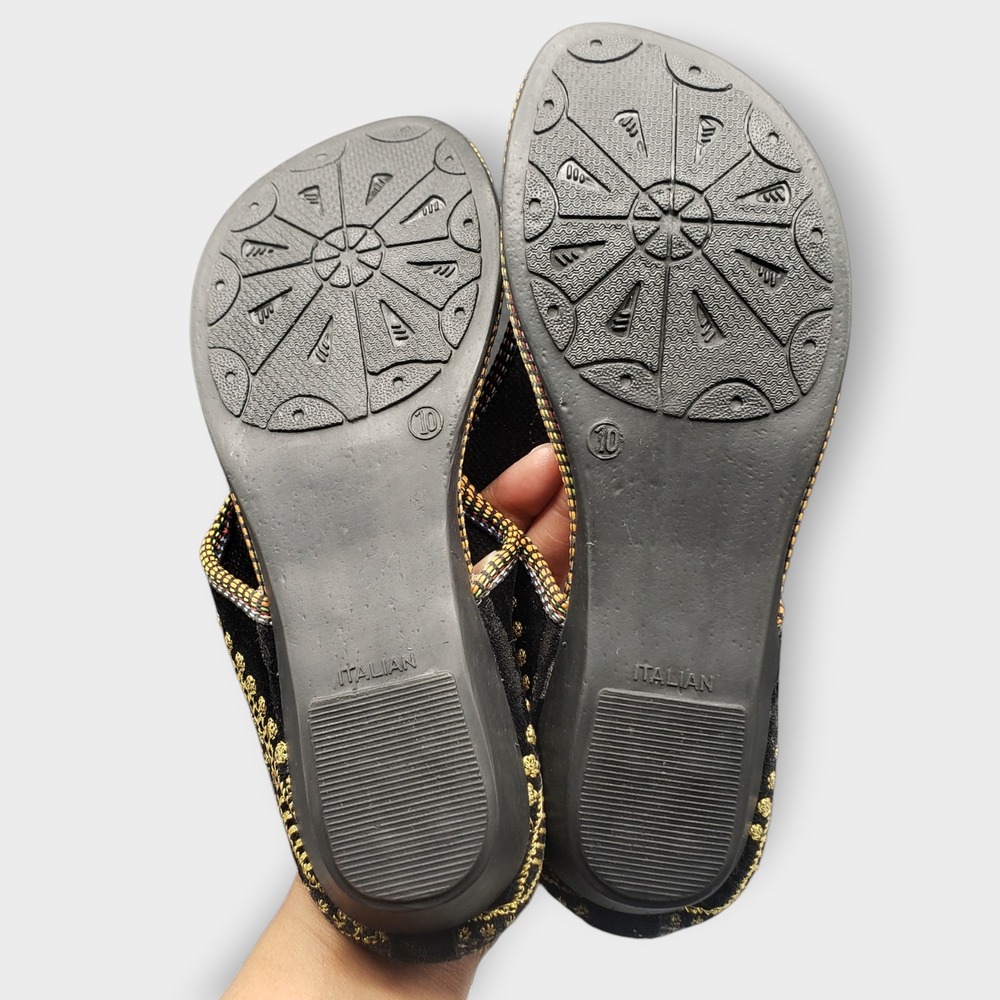 Italian Black Gold Embroidered Wedge Thong Sandals Womens Size 7-7.5 Ethnic - Picture 7 of 12